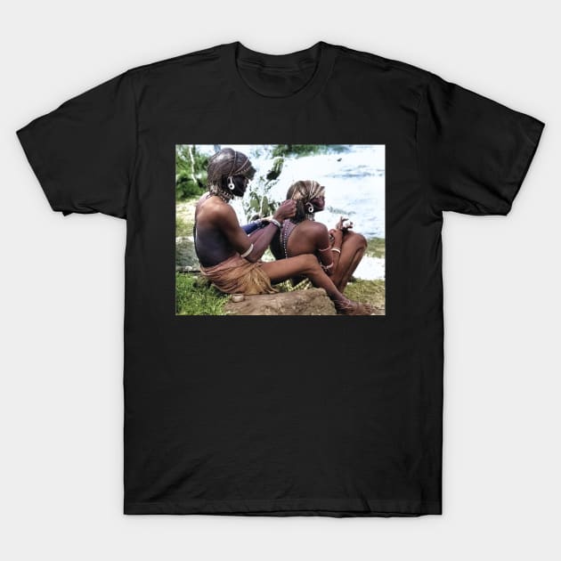 colorized vintage photo of Maasai doing hair T-Shirt by In Memory of Jerry Frank